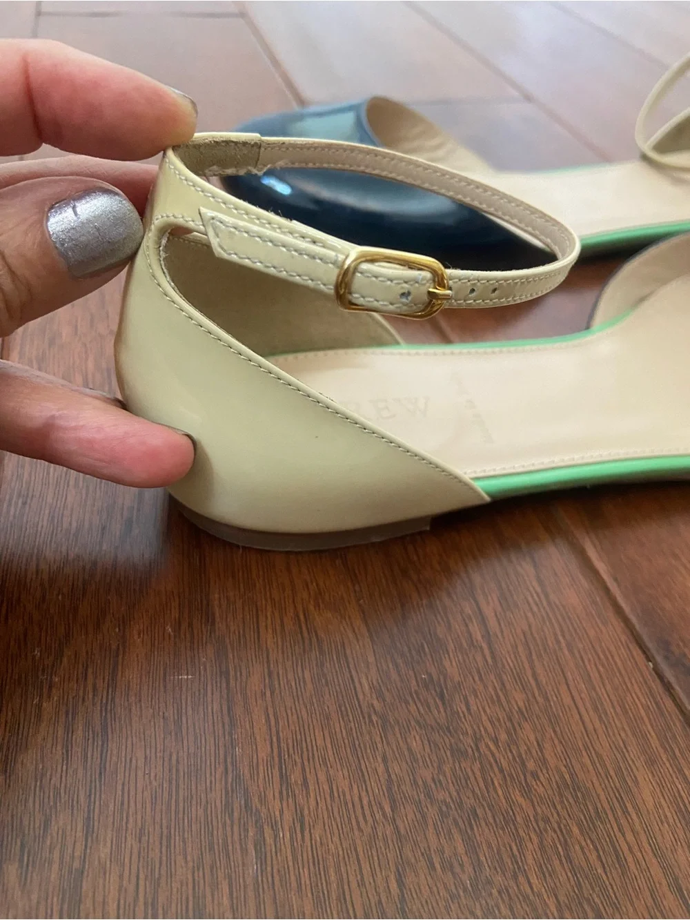 J. Crew Navy Patent D'Orsay Flats with Cream Ankle Strap